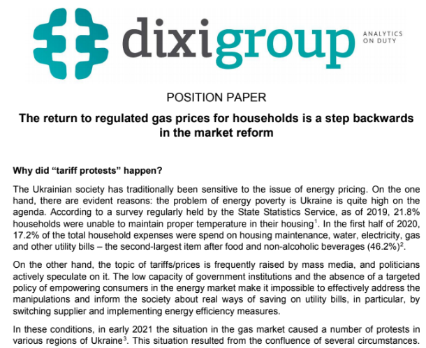POSITION PAPER “The return to regulated gas prices for households is a step backwards in the market reform”