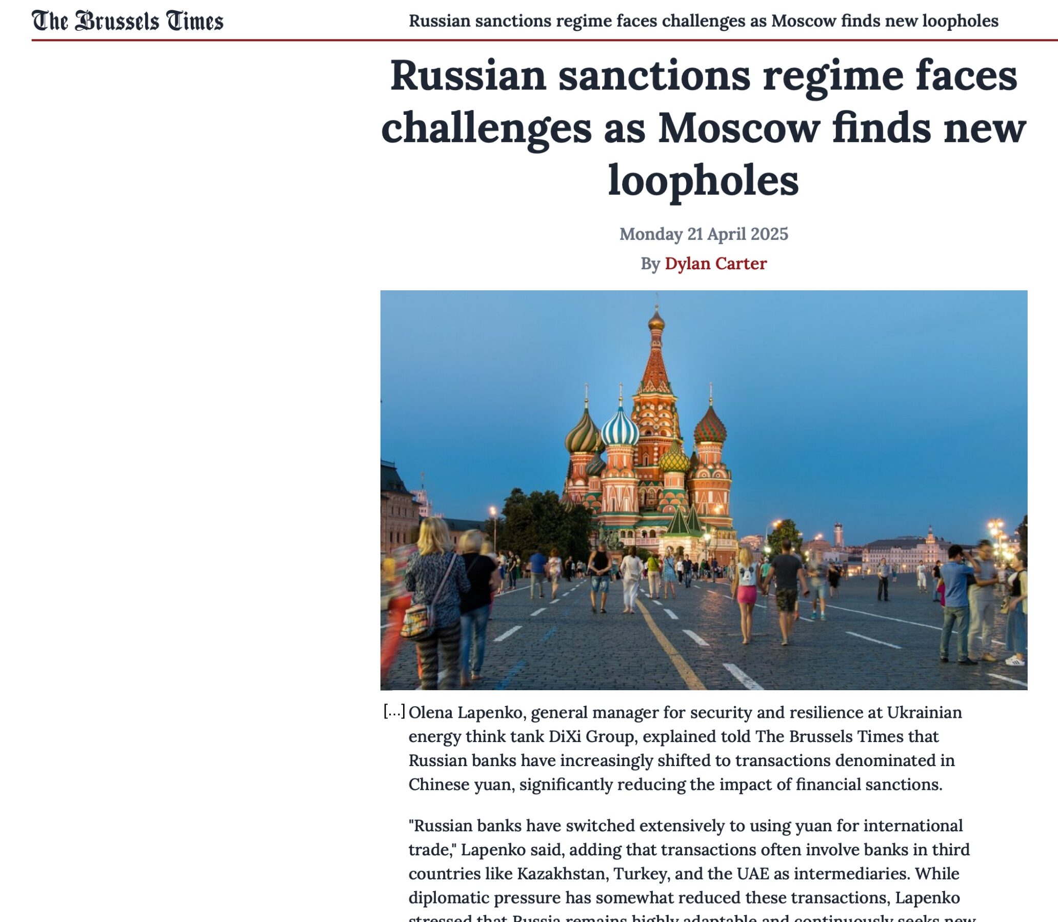 Russia remains highly adaptable and continuously seeks new pathways to circumvent sanctions – Olena Lapenko for The Brussels Times