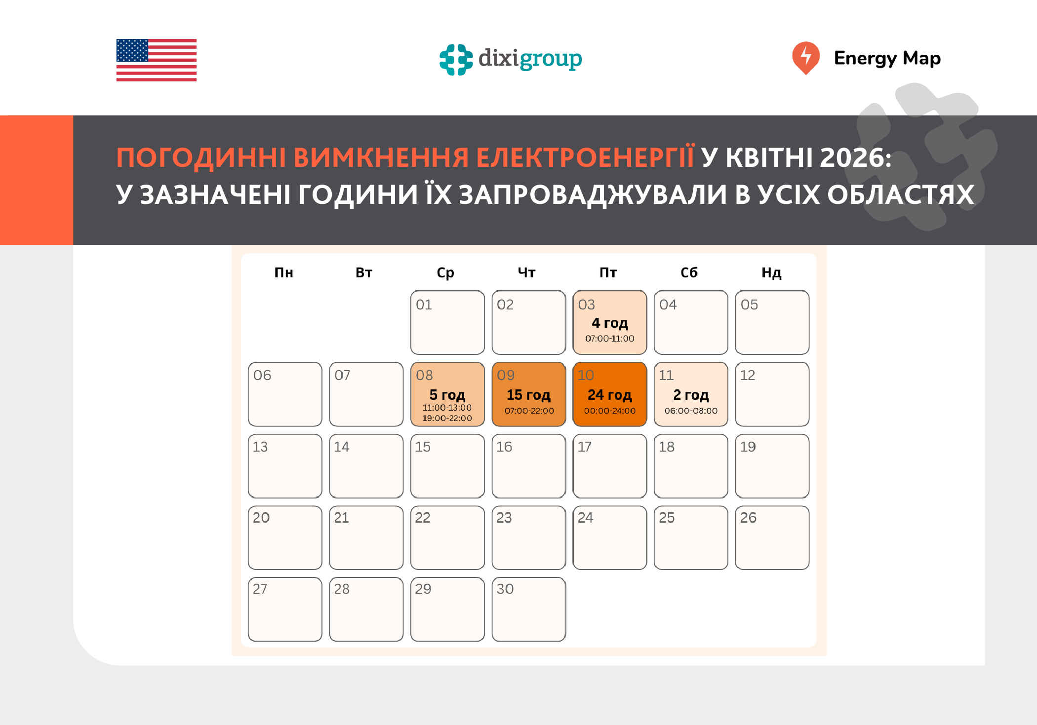 25 днів у квітні минули для українців без графіків відключень світла – Energy